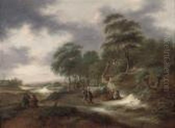 A Wooded Landscape With Figures On A Track By A House Oil Painting by Claes Molenaar (see Molenaer)