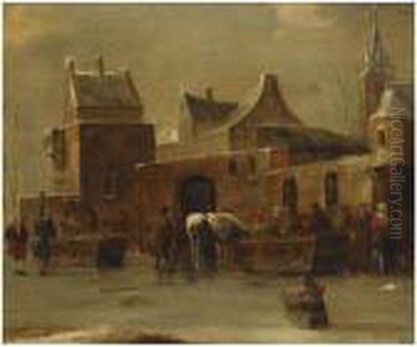 A Winter Landscape With Figures 
And Horses Outside The City Wall, On A Frozen River, A Child On A Sleigh
 In The Foregroud Oil Painting by Claes Molenaar (see Molenaer)