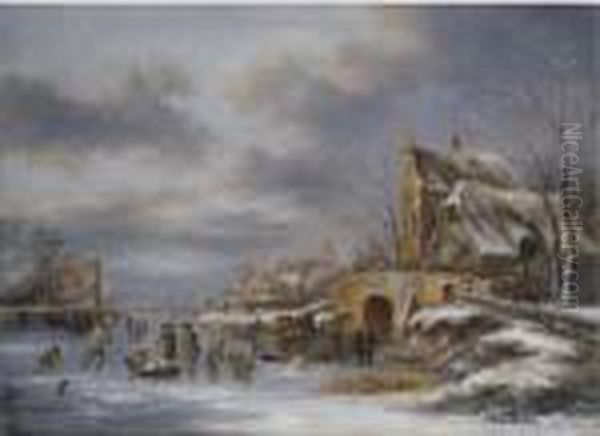 A Winter Landscape With Skaters And Other Figures On A Frozen River Oil Painting by Claes Molenaar (see Molenaer)