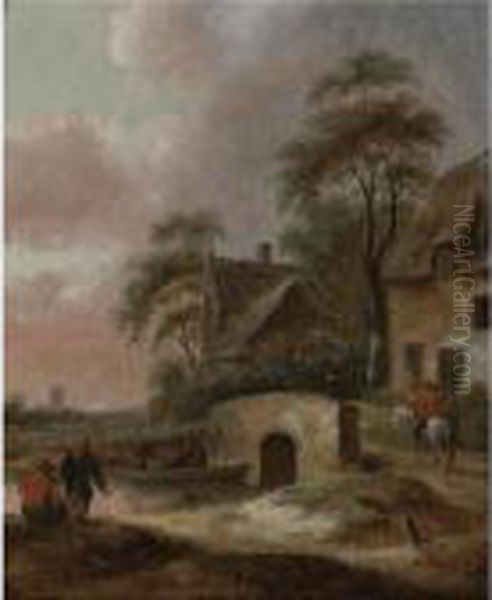 Landscape With Houses By A River With Figures Along The Bank And In A Boat Oil Painting by Claes Molenaar (see Molenaer)