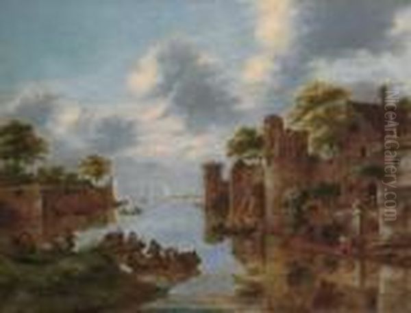 Kanallandschaft Mit Uferbefestigung. Oil Painting by Claes Molenaar (see Molenaer)