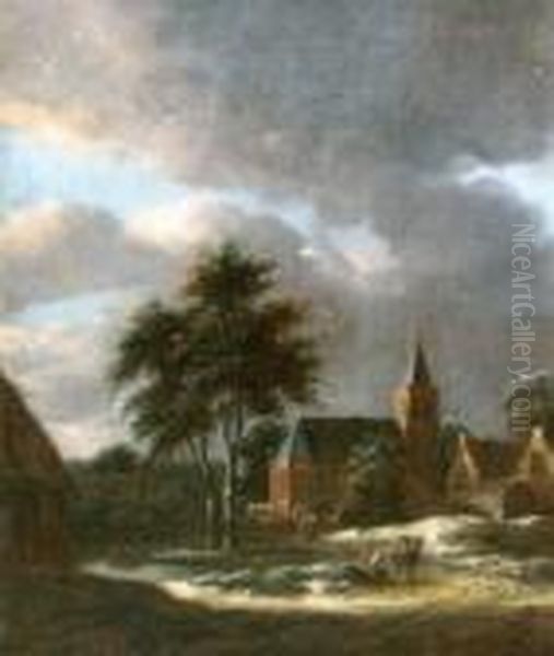 Winterliches Dorf Mit Kirche Und Passanten Oil Painting by Claes Molenaar (see Molenaer)