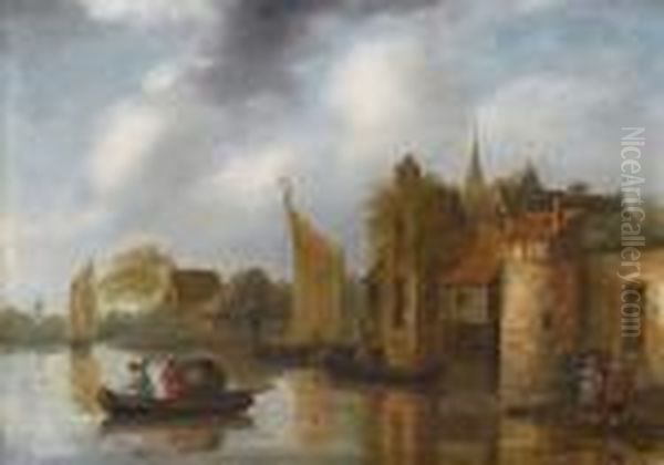 A Riverside Village With Eel Catchers In Boats Oil Painting by Claes Molenaar (see Molenaer)