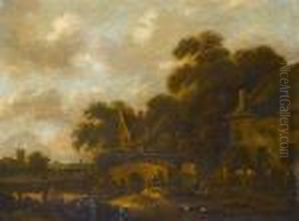 A Riverside Village With A Figure Resting Before A Tavern Oil Painting by Claes Molenaar (see Molenaer)