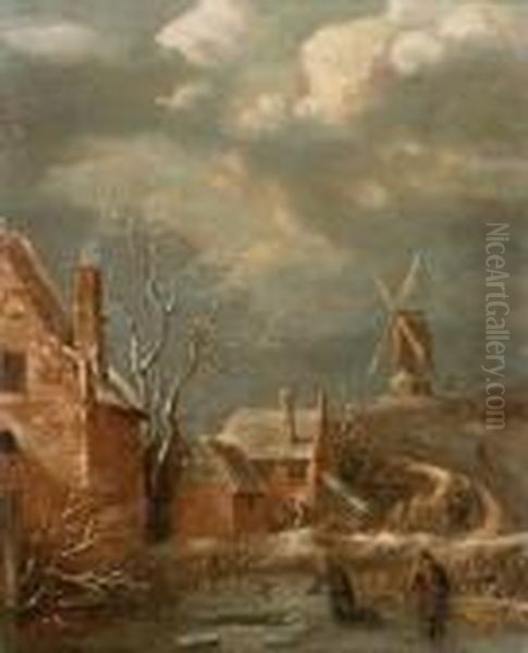 A Winter Landscape Oil Painting by Claes Molenaar (see Molenaer)