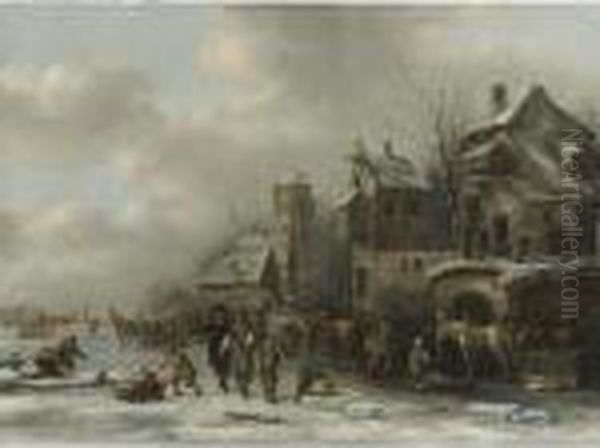 Winter Landscape With Two Gentleman And Peasants On A Frozen River By A Village Oil Painting by Claes Molenaar (see Molenaer)