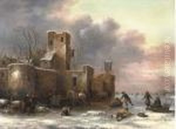 A Winter Landscape With Figures Skating Outside A City Wall Oil Painting by Claes Molenaar (see Molenaer)