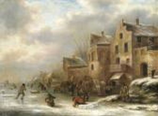 A Winter Landscape With Skaters By A Village Oil Painting by Claes Molenaar (see Molenaer)