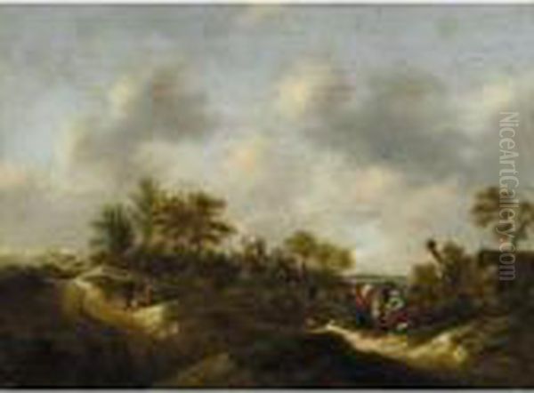 A Dune Landscape With Figures Resting Before A Cottage, A Church Beyond Oil Painting by Claes Molenaar (see Molenaer)