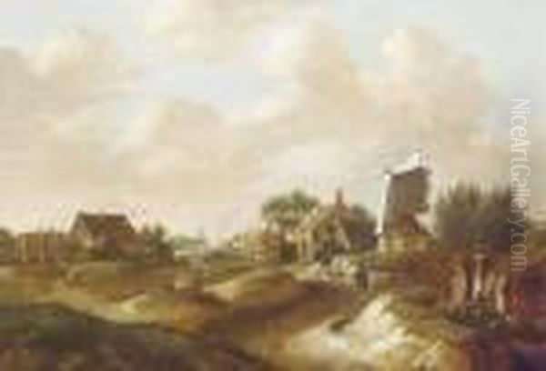 A Country Village With A Windmill And Travellers On A Path Oil Painting by Claes Molenaar (see Molenaer)