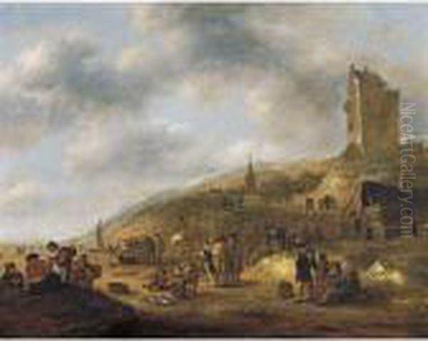 Fisherfolk With Townspeople On A Beach Oil Painting by Claes Molenaar (see Molenaer)