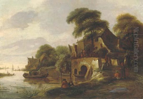 A River Landscape With Peasants Gathered On A Bridge In A Village Oil Painting by Claes Molenaar (see Molenaer)