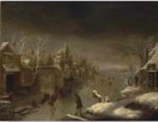 A Winter Landscape With Colf Players On The Ice Near A Town Gate Oil Painting by Claes Molenaar (see Molenaer)