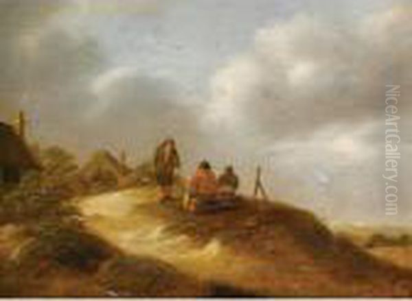 A Dune Landscape With Three Boors Conversing Before A Hamlet Oil Painting by Claes Molenaar (see Molenaer)