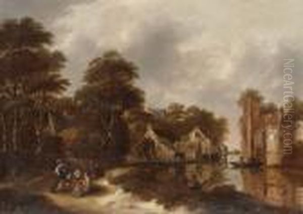 A Wooded River Landscape With 
Travellers Resting On A Path And Anglers On The Bank, A Village Beyond Oil Painting by Claes Molenaar (see Molenaer)