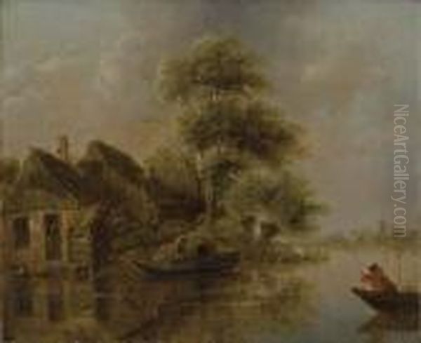 A River Landscape With Fishermen In A Boat Oil Painting by Claes Molenaar (see Molenaer)