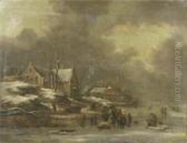 A Winter Landscape With Figures Skating On Frozen Water, A Villagenearby Oil Painting by Claes Molenaar (see Molenaer)