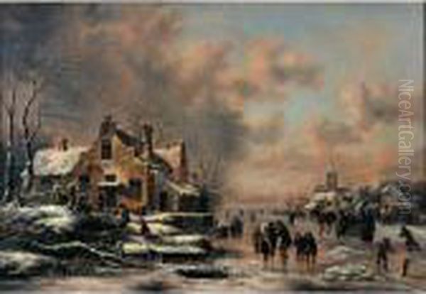 A Winter Landscape With Figures 
Skating On A Frozen River Before A House, Children Playing Oil Painting by Claes Molenaar (see Molenaer)