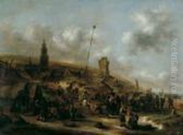 Nach Dem Fischfang. Strandszene 
Vor Einem In Den Dunen Gelegenen Dorf Mit Zahlreichen Personen. Oil Painting by Claes Molenaar (see Molenaer)