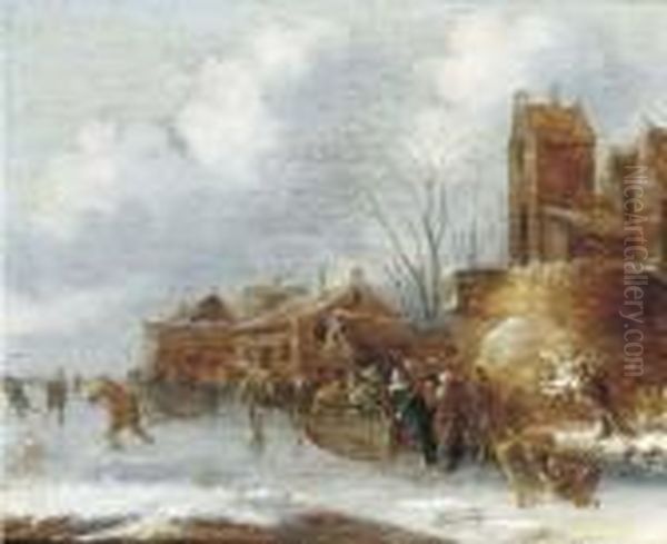 A Winter Landscape With Figures On A Frozen Canal Oil Painting by Claes Molenaar (see Molenaer)