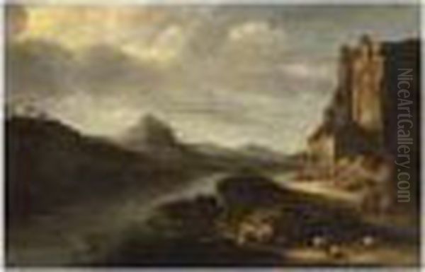 An Extensive Italianate River Landscape With Figures Resting Near Ruins Oil Painting by Claes Molenaar (see Molenaer)