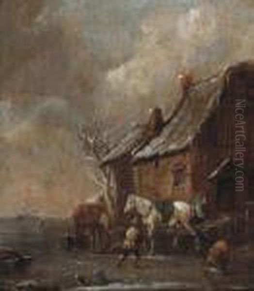 A Winter Landscape With Figures Skating And Playing Kolf On Afrozen River By A Farm Oil Painting by Claes Molenaar (see Molenaer)