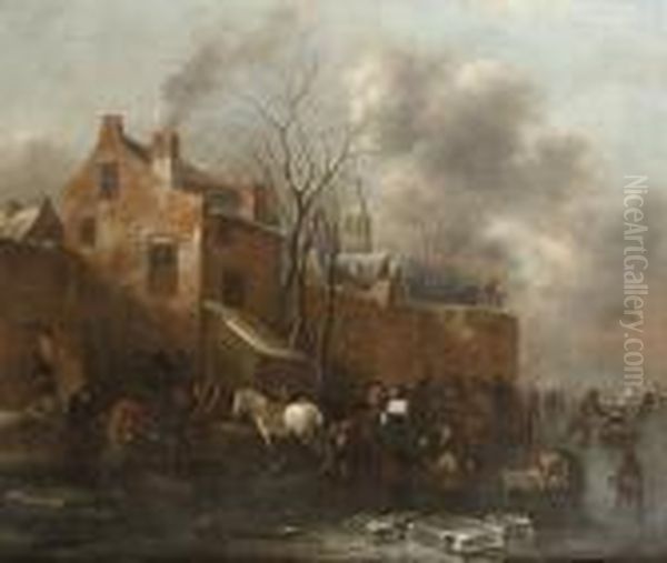 A Winter Landscape With Skaters 
On A Frozen River, Workmen Unloading Their Sledges And Numerous Other 
Figures Outside The Walls Of A Walled Town Oil Painting by Claes Molenaar (see Molenaer)