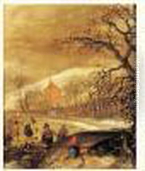 Paysage Anime De Patineurs Sur Lac Gele Oil Painting by Claes Molenaar (see Molenaer)