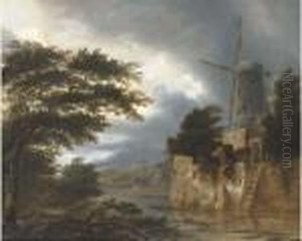 A Wooded River Landscape With A Windmill Oil Painting by Claes Molenaar (see Molenaer)