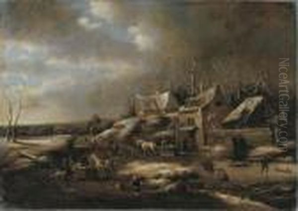 A Winter Landscape With Townsfolk On A Frozen Waterway By A Tavern Oil Painting by Claes Molenaar (see Molenaer)