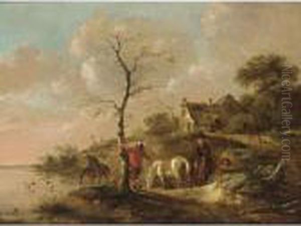 A Wooded Landscape With 
Travellers Watering Their Horses Near A River, Figures Swimming And A 
Horseman On A Path Near A Farm Oil Painting by Claes Molenaar (see Molenaer)