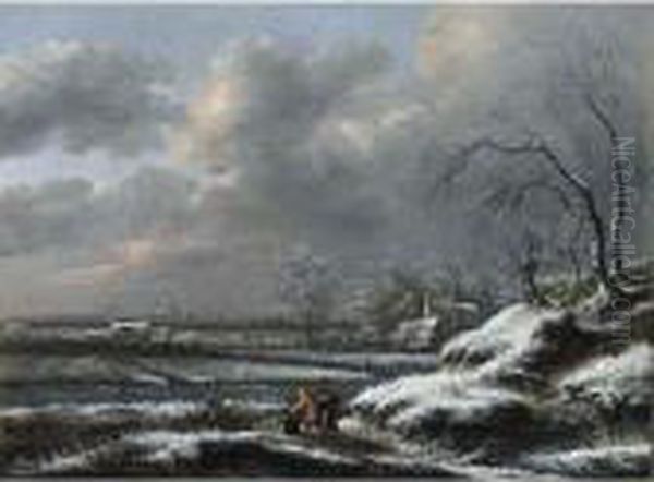 A Winter Landscape With A Man 
Pushing A Sledge In The Foreground, A View Of Haarlem With The Cathedral
 Of St. Bavo Beyond Oil Painting by Claes Molenaar (see Molenaer)