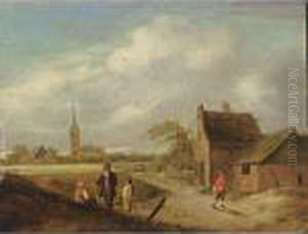 A Landscape With Travellers Resting And Figures On A Path Near A Farm, A Church Beyond Oil Painting by Claes Molenaar (see Molenaer)