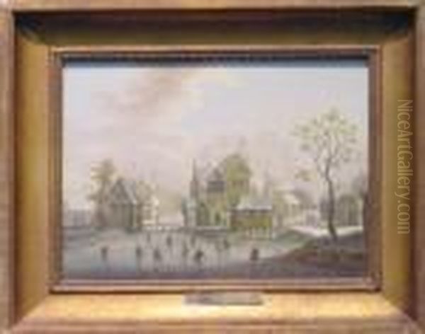 Dutch Village With Skaters Oil Painting by Claes Molenaar (see Molenaer)