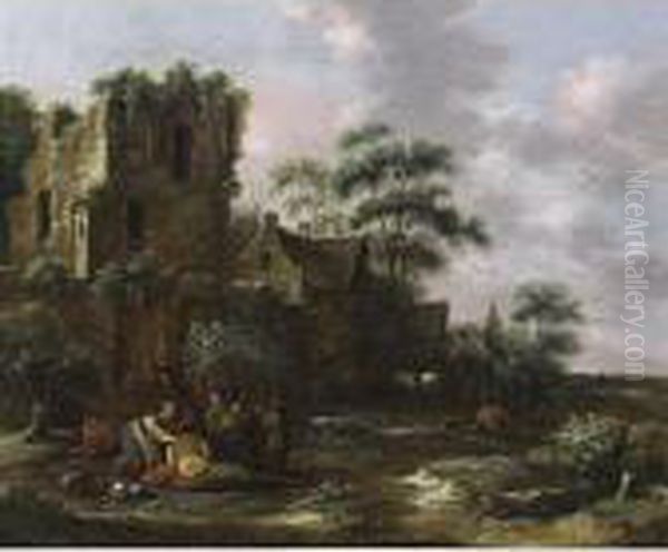 A Village Scene With Peasants 
And Their Children Near A Ruined Tower, A Tavern With Horsemen And Other
 Figures In The Background Oil Painting by Claes Molenaar (see Molenaer)