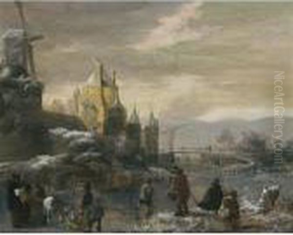 A Winter Landscape With Skaters,
 Two Horsedrawn Sledges And Other Figures Before The Walls Of A City Oil Painting by Claes Molenaar (see Molenaer)