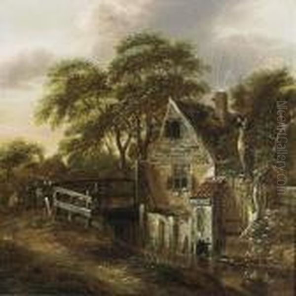 A Wooded Landscape With A Farm Near A Stream, And Figures On A Bridge Oil Painting by Claes Molenaar (see Molenaer)