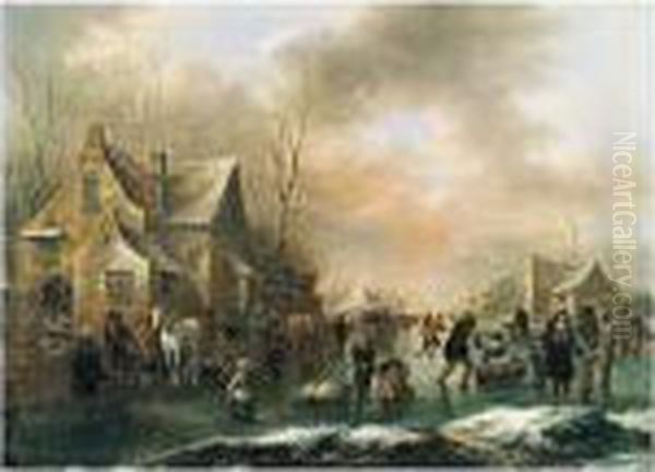 Winter Landscape With Numerous Figures Upon A Frozen Canal In A Village Oil Painting by Claes Molenaar (see Molenaer)