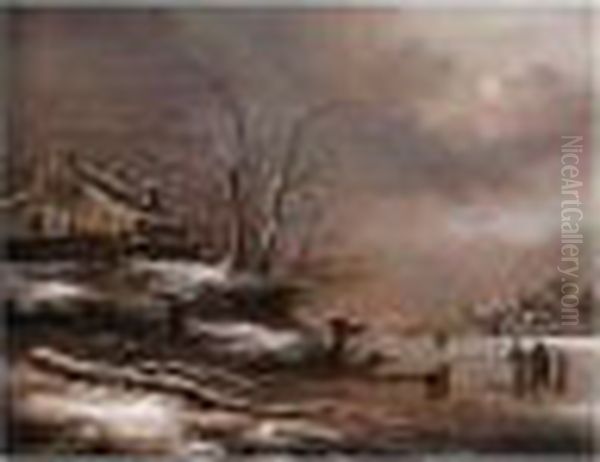 Winter Scene With Figures Beside A Frozen River Oil Painting by Claes Molenaar (see Molenaer)