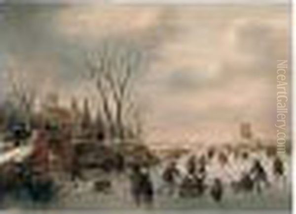 Winter Landscape With Skaters Oil Painting by Claes Molenaar (see Molenaer)