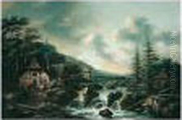 Scandinavian Landscape With Figures Outside A Tavern By A Waterfall Oil Painting by Claes Molenaar (see Molenaer)