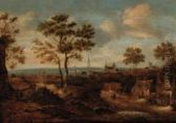 A Wooded Landscape With A View Of A Town Oil Painting by Claes Molenaar (see Molenaer)