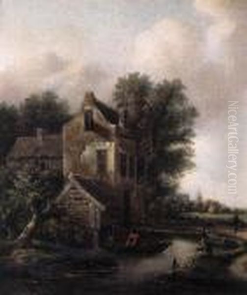 A Fisherman In A Rowing Boat On A Moat By A Fortified Mansion Oil Painting by Claes Molenaar (see Molenaer)