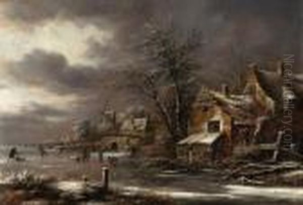 A Winter Landscape With Skaters On A Frozen River By Avillage Oil Painting by Claes Molenaar (see Molenaer)