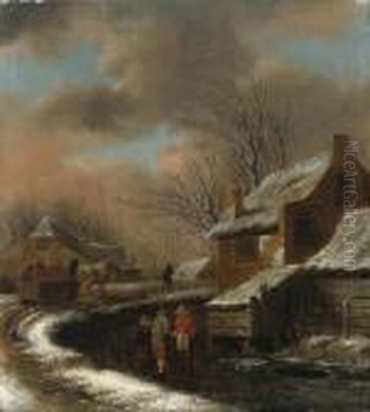 A Winter Landscape With Peasants In A Village, Travellers In A Carton A Path Beyond Oil Painting by Claes Molenaar (see Molenaer)