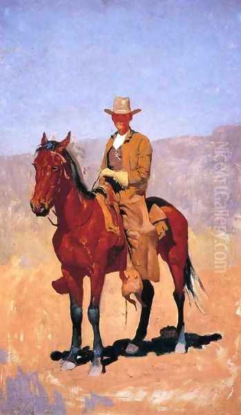 Mounted Cowboy In Chaps With Race Horse Oil Painting by Frederic Remington