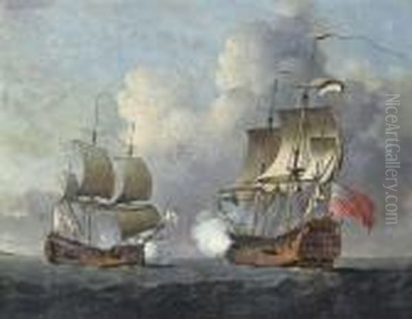 A Royal Navy Two-decker Opening Fire On A Spanish Two-decker Flying The Flag Of Ostend Oil Painting by Peter Monamy