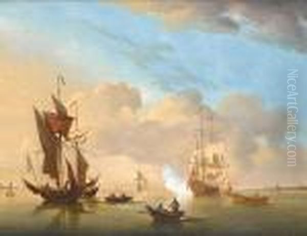 A Man-o'war Heaving-to In An Estuary Andfiring A Salute With Other Shipping Close By Oil Painting by Peter Monamy