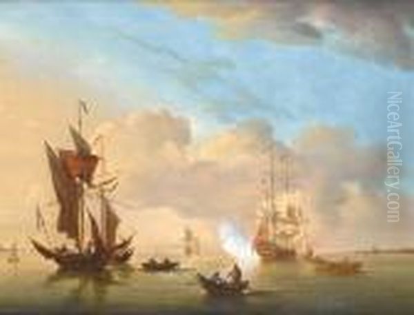 A Man-o'war Heaving-to In An Estuary And Firing A Salute With Other Shipping Close By Oil Painting by Peter Monamy