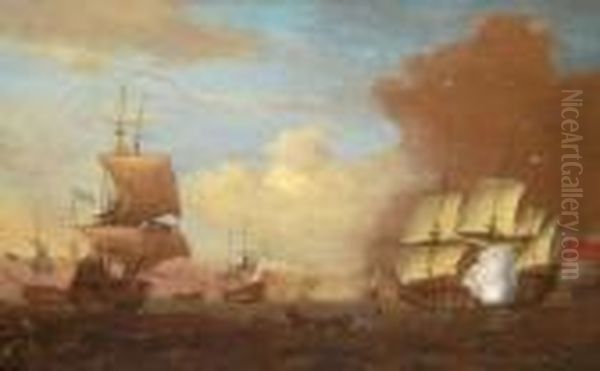 Naval Battle Scene Oil Painting by Peter Monamy